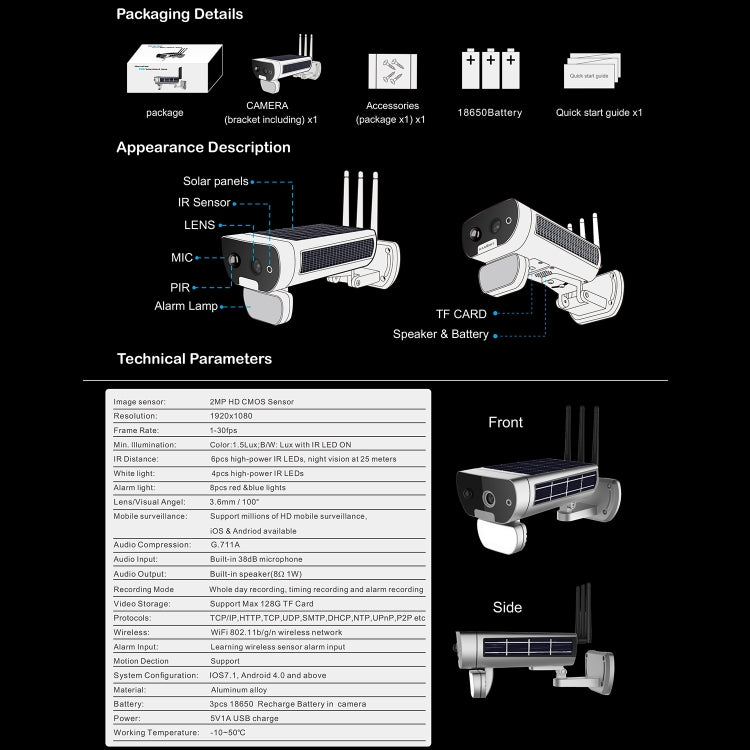 T8 1080P Full HD Solar Battery Ultra Low Power Sound Light Alarm Network Camera, Support Motion Detection, Night Vision, Two Way Audio, TF Card, T8 T8 1080P Full HD Solar Battery Ultra Low Power Sound Light Alarm Network Camera, Support Motion Detection, Night Vision, Two Way Audio, TF Card, T8